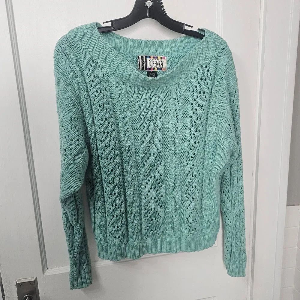 Vintage Forenza Cable Knit Boat Neck Sweater In Aqua, Sz M, Excellent Condition!